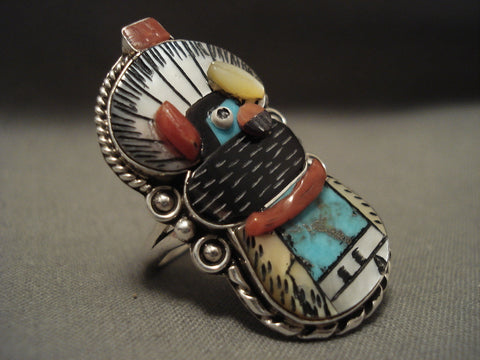 One Of The Most Intricate Ever Zuni Turquoise Coral Silver Kachina Ring