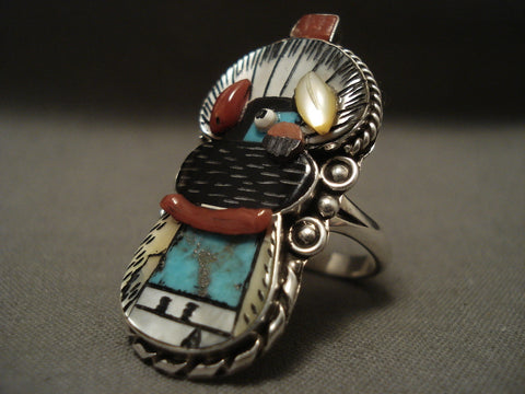 One Of The Most Intricate Ever Zuni Turquoise Coral Silver Kachina Ring