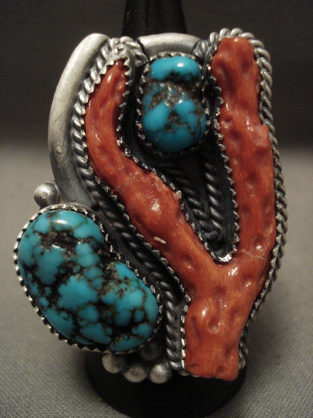 One Of The Finest Navajo 'Huge Coral' Spiderweb Turquoise Silver Ring