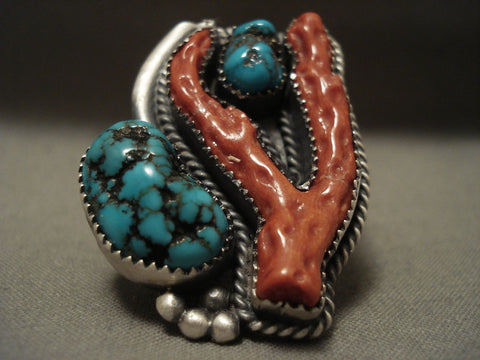 One Of The Finest Navajo 'Huge Coral' Spiderweb Turquoise Silver Ring