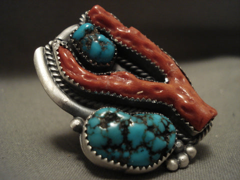 One Of The Finest Navajo 'Huge Coral' Spiderweb Turquoise Silver Ring