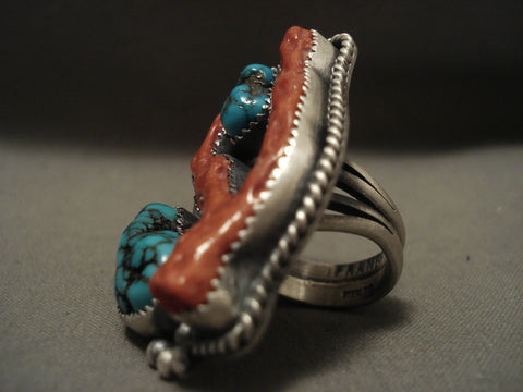 One Of The Finest Navajo 'Huge Coral' Spiderweb Turquoise Silver Ring