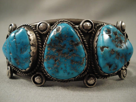 Vivid Vintage Navajo Blue Gem Turquoise Silver Bracelet