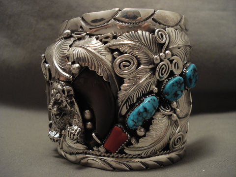 203 Grams Monster 'Screaming Bear' Turquoise Coral Silver Bracelet