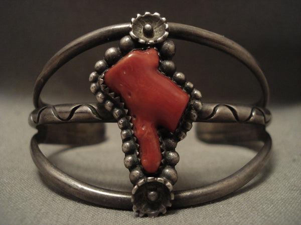 Early 1900's Vintage Navajo Chunk Coral Silver Bracelet Jewelry