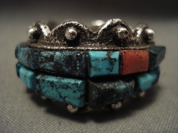 Important Vintage Zuni Spiderweb Turquoise Silver Coral Ring