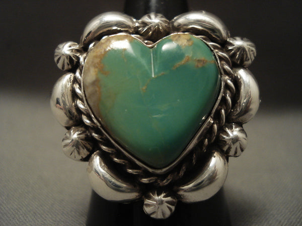 Cute Vintage Navajo Natural Green Turquoise 'Heart' Silver Ring