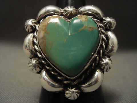 Cute Vintage Navajo Natural Green Turquoise 'Heart' Silver Ring