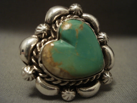 Cute Vintage Navajo Natural Green Turquoise 'Heart' Silver Ring