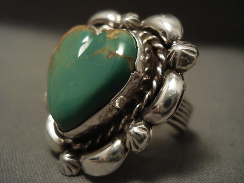 Cute Vintage Navajo Natural Green Turquoise 'Heart' Silver Ring