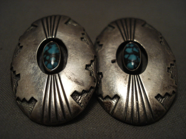 Huge And Some Of The Finest Vintage Navajo Lone Mntn Turquoise Silver Earrings