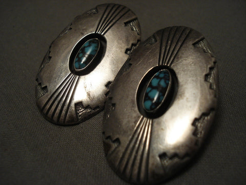 Huge And Some Of The Finest Vintage Navajo Lone Mntn Turquoise Silver Earrings