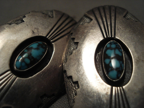 Huge And Some Of The Finest Vintage Navajo Lone Mntn Turquoise Silver Earrings