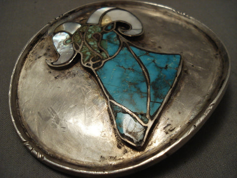 Massive And Very Old Vintage Navajo Bisbee Turquoise Shell Ram Buckle