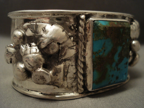 Huge Vintage Navajo 'Squared Old Royston' Turquoise Silver Bracelet