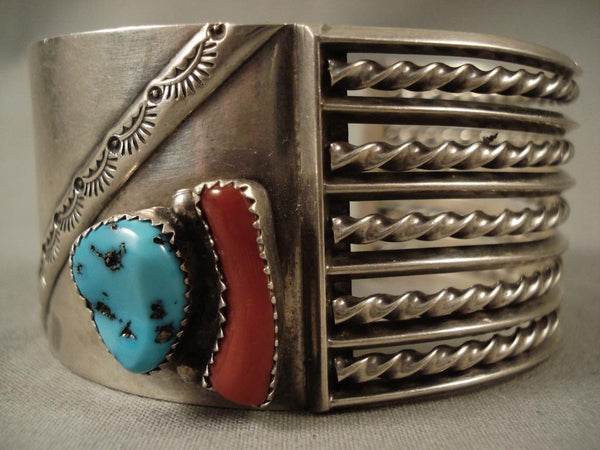Museum Vintage Navajo half & Half Turquoise Coral Silver Bracelet