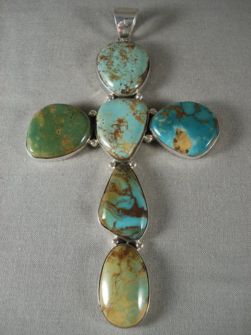 One Of The Largest Ever Green Turquoise Silver Cross Pendant
