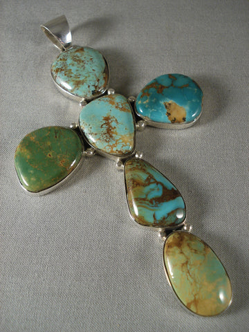 One Of The Largest Ever Green Turquoise Silver Cross Pendant