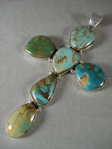 One Of The Largest Ever Green Turquoise Silver Cross Pendant