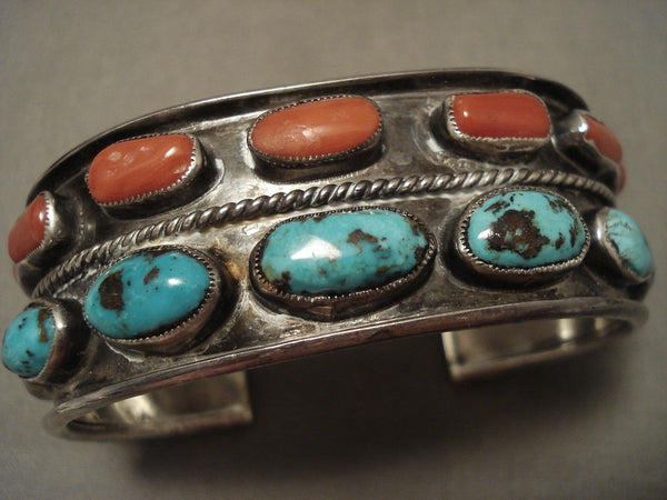 Superior Vintage Navajo Coral Chunk Persin Turquoise Silver Bracelet