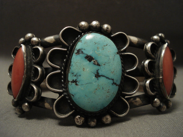 Museum Vintage Navajo Corw Springs Turquoise Silver Rhombus Coral Bracelet