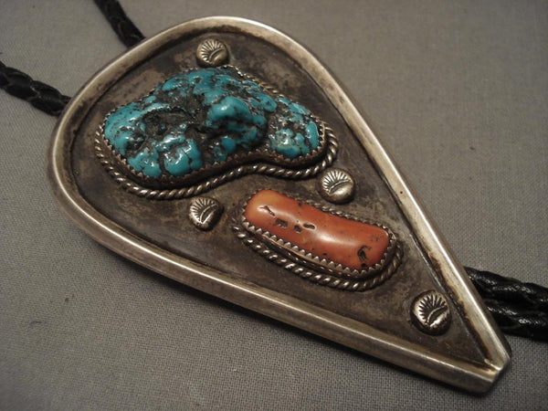 Colossal Vintage Navajo 1950's Turquoise Coral Silver Bolo Tie