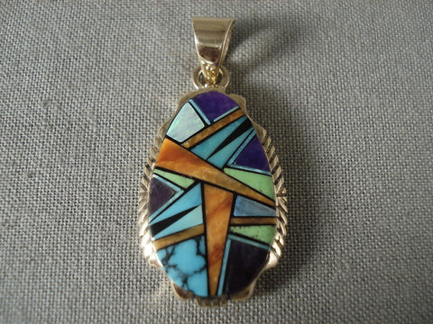 Mosaic Genius Vintage Navajo Solid 14k Gold Lone Mountain Turquoise Pendant