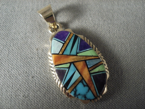 Mosaic Genius Vintage Navajo Solid 14k Gold Lone Mountain Turquoise Pendant