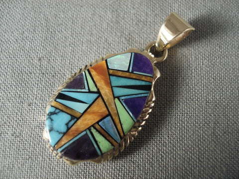 Mosaic Genius Vintage Navajo Solid 14k Gold Lone Mountain Turquoise Pendant