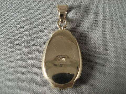 Mosaic Genius Vintage Navajo Solid 14k Gold Lone Mountain Turquoise Pendant