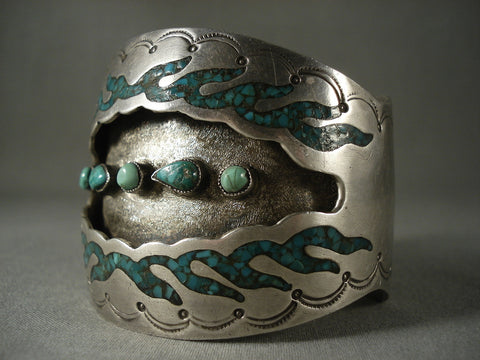 Museum Etxra Wide Vintage Navajo Green Turquoise Silver Bracelet