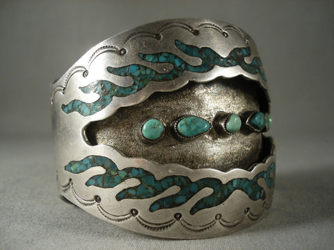 Museum Etxra Wide Vintage Navajo Green Turquoise Silver Bracelet