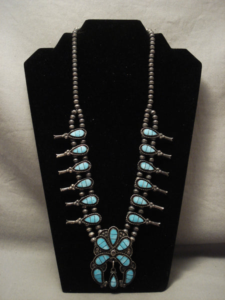 Incredibly Intricate Zuni Turquoise Silver Squash Blossom Necklace