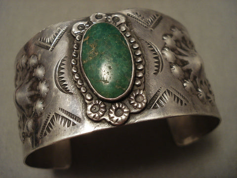 Wide Early Hand Tooled Navajo Cerrillos Turquoise Silver Bracelet