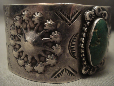 Wide Early Hand Tooled Navajo Cerrillos Turquoise Silver Bracelet