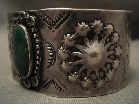 Wide Early Hand Tooled Navajo Cerrillos Turquoise Silver Bracelet