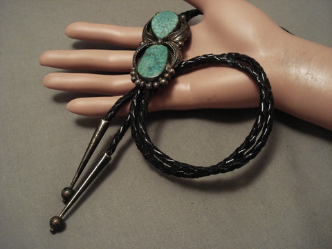 Rare! Very Vintage Navajo Green Carico Lake Turquoise Silver Bolo Tie