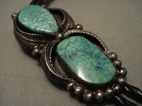 Rare! Very Vintage Navajo Green Carico Lake Turquoise Silver Bolo Tie