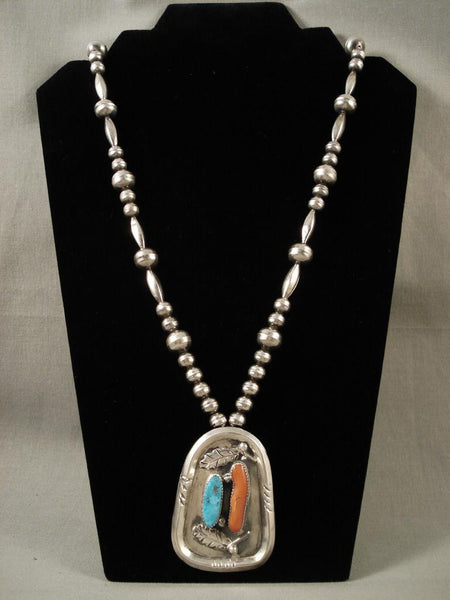 One Of The Best Vintage Navajo Silver Bead Turquoise Coral Necklace