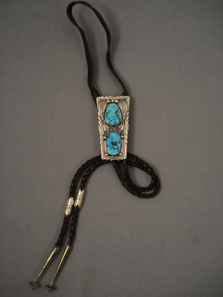 Finer Vintage Navajo Will Singer Turquoise Tube Silver Bolo Tie