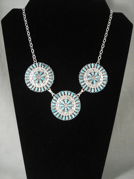 Cute Vintage Navajo 'Triple Sun Turquoise' Silver Necklace