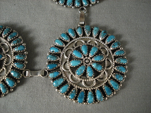 Cute Vintage Navajo 'Triple Sun Turquoise' Silver Necklace