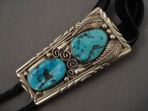 Finer Vintage Navajo Will Singer Turquoise Tube Silver Bolo Tie