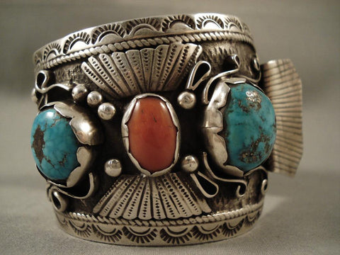 Huge Vintage Navajo Pilot Mountain Turquoise Silver Watch Bracelet