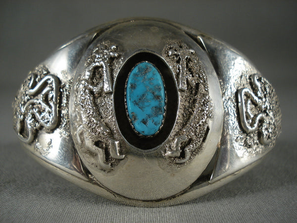 Advanced Silver Work Vintage Navajo 'Arrowhead &kokopelli' Turquoise Bracelet