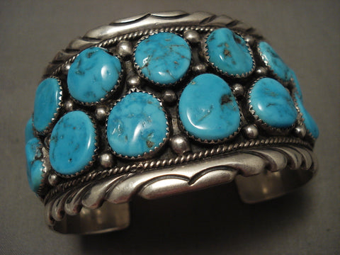 Chunky And Wide Vintage Navajo 91 Grams Turquoise Silver Bracelet