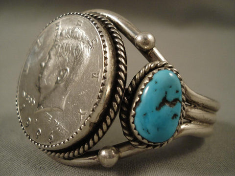 Big Vintage Navajo Kennedy Half Dollar Turquoise Bracelet