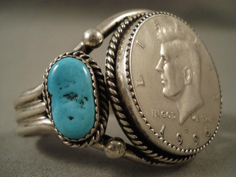 Big Vintage Navajo Kennedy Half Dollar Turquoise Bracelet