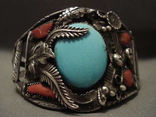 Huge Vintage Navajo Old Sleeping Beauty Turquoise Coral Silver Leaf Bracelet