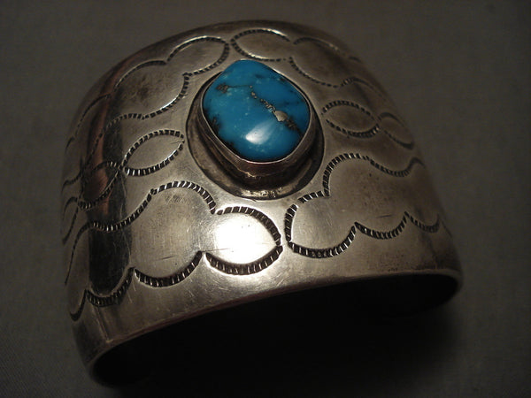 Wide Hand Hammered Vintage Navajo Old Morenci Turquoise Silver 'Cloud' Bracelet